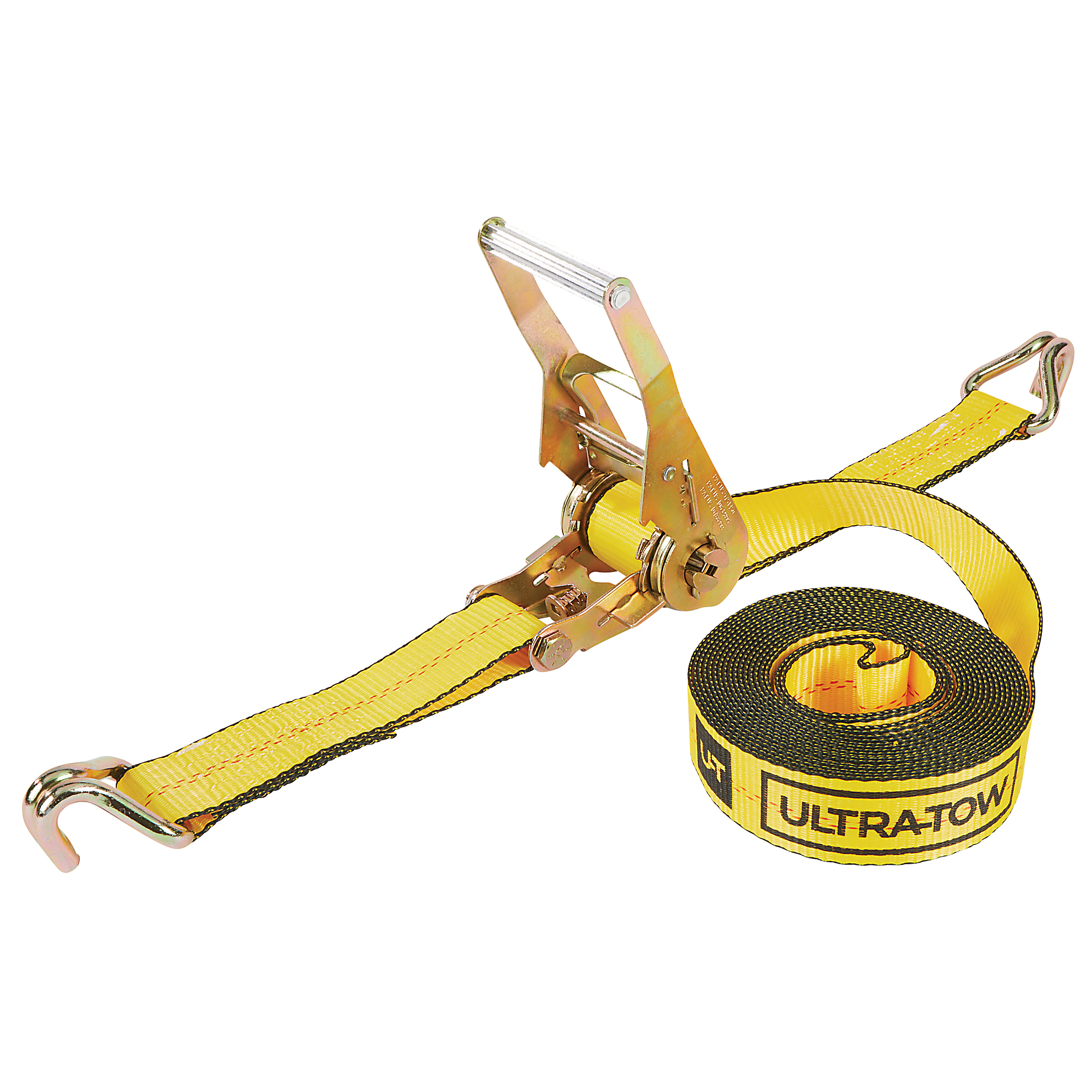 Ultra-Tow 2in. x 27ft. Automatic Self-Tensioning Ratchet Strap with J-Hooks, 10,000-Lb. Breaking Strength, 3300-Lb. Working Load, Yellow